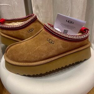 UGG Tan Suede Slippers with Red Trim platform